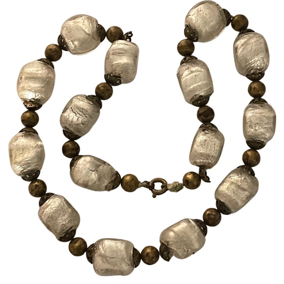 Antique Venetian  Art Glass Silver Foiled Bead Necklace Art Deco Art Nouveau - Picture 4 of 5